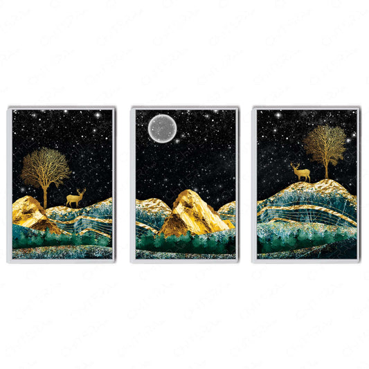 Golden Deer Under Moonlight Trio Canvas Wall Art