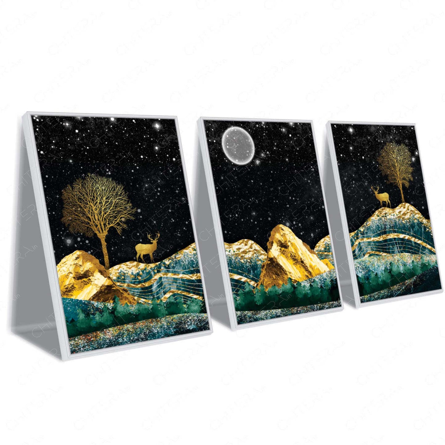 Golden Deer Under Moonlight Trio Canvas Wall Art
