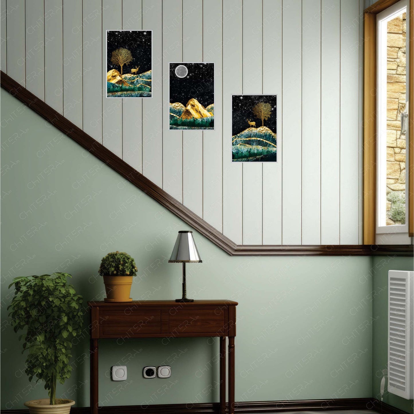 Golden Deer Under Moonlight Trio Canvas Wall Art