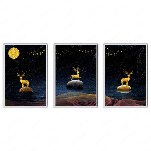Luxury Golden Stags in Night Sky Trio Canvas Wall Art
