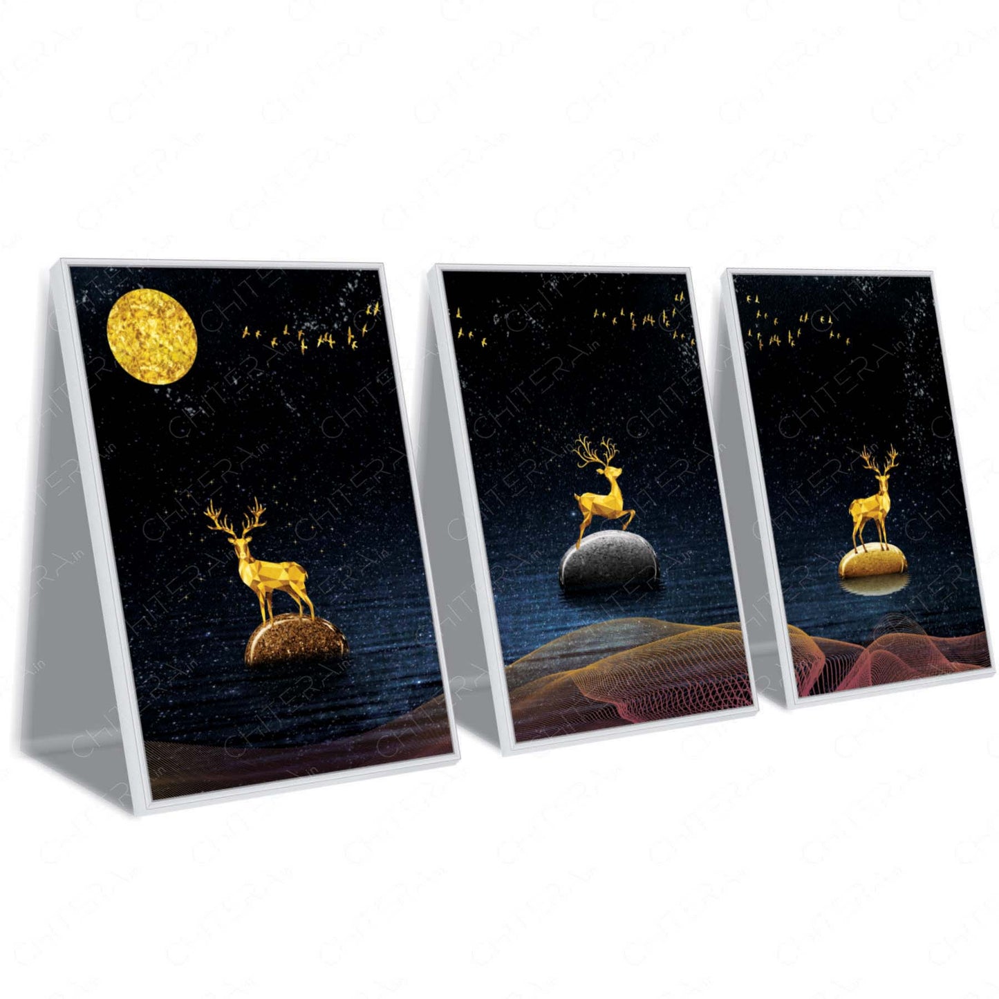 Luxury Golden Stags in Night Sky Trio Canvas Wall Art