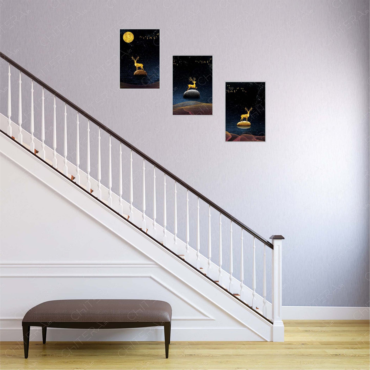 Luxury Golden Stags in Night Sky Trio Canvas Wall Art