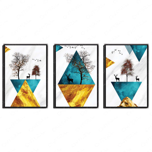 Minimal Geometric Nature with Deer Trio Canvas Wall Art