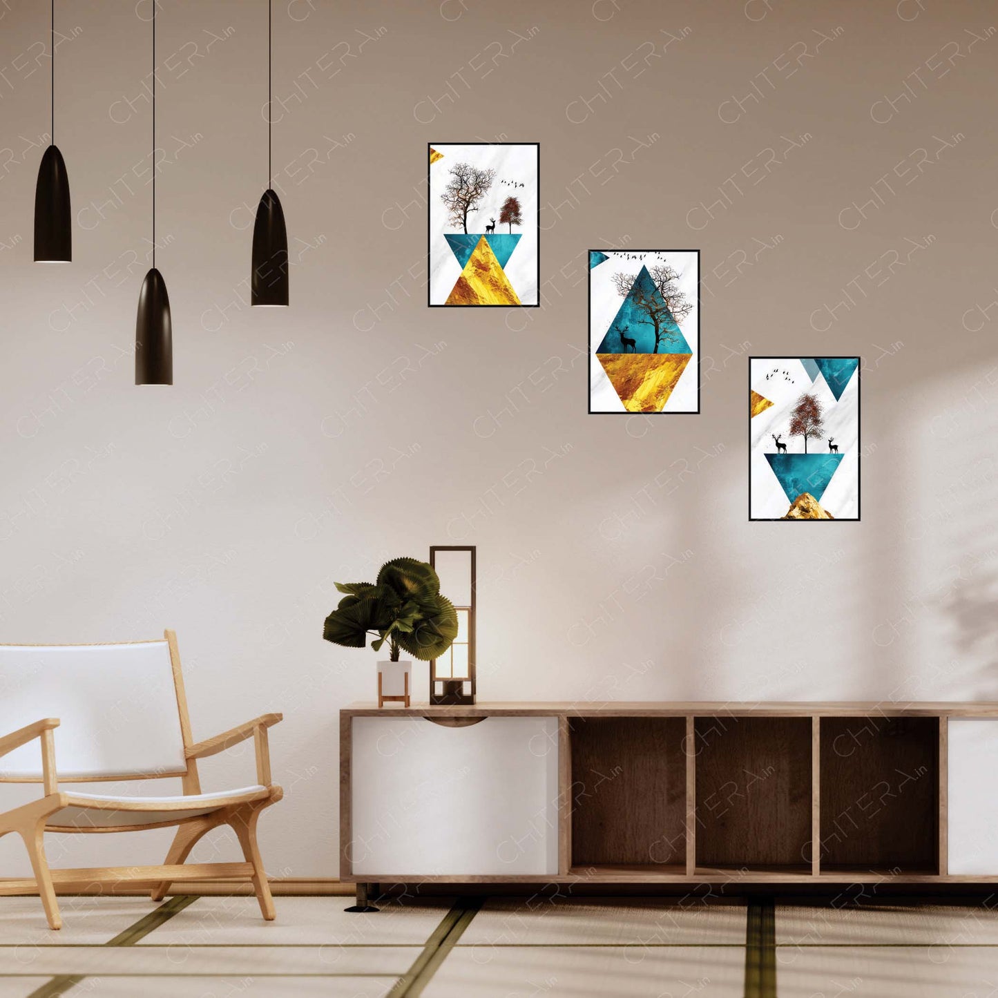 Minimal Geometric Nature with Deer Trio Canvas Wall Art