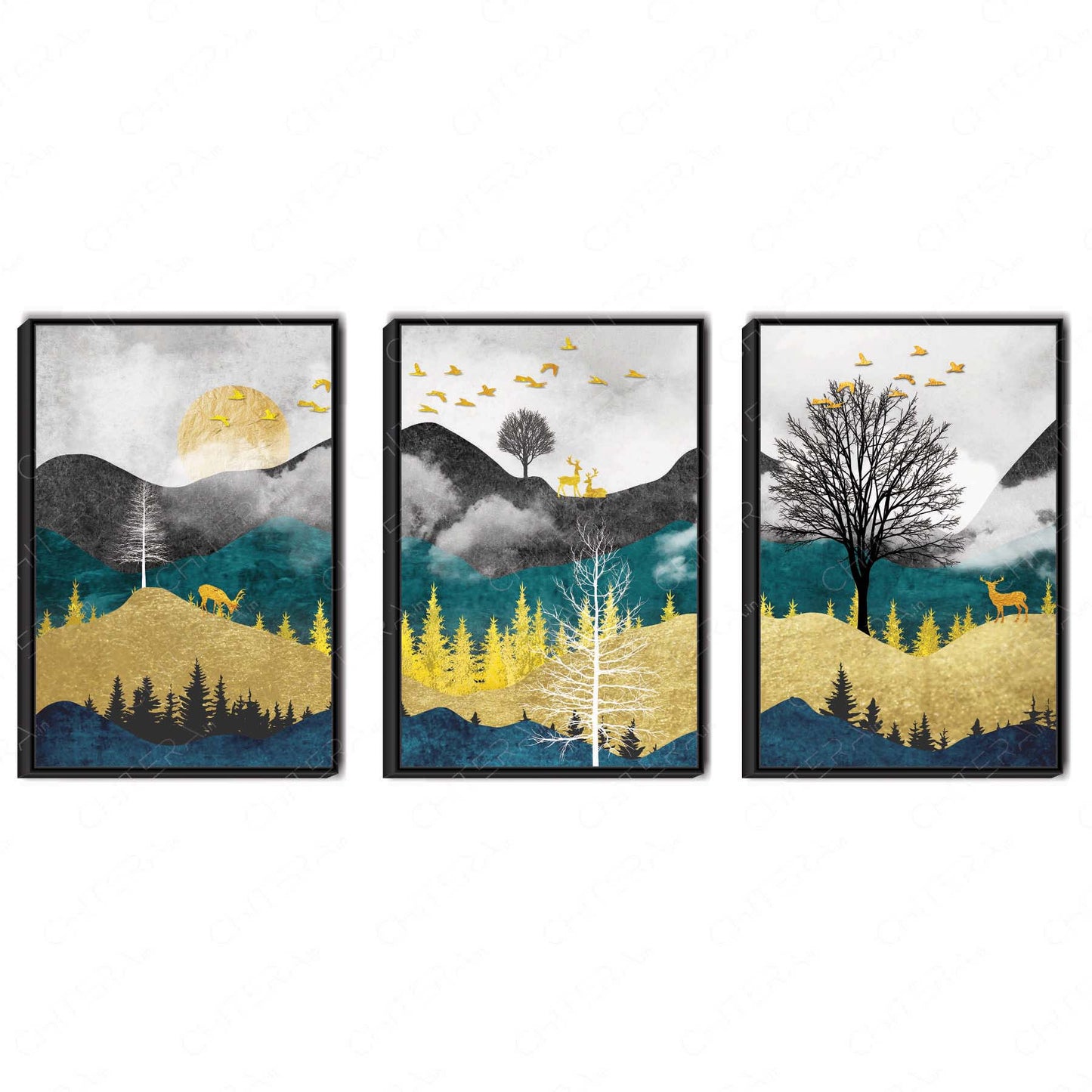 Mystic Mountains & Deer Trio Canvas Wall Art