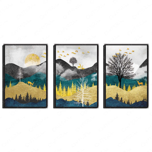 Mystic Mountains & Deer Trio Canvas Wall Art