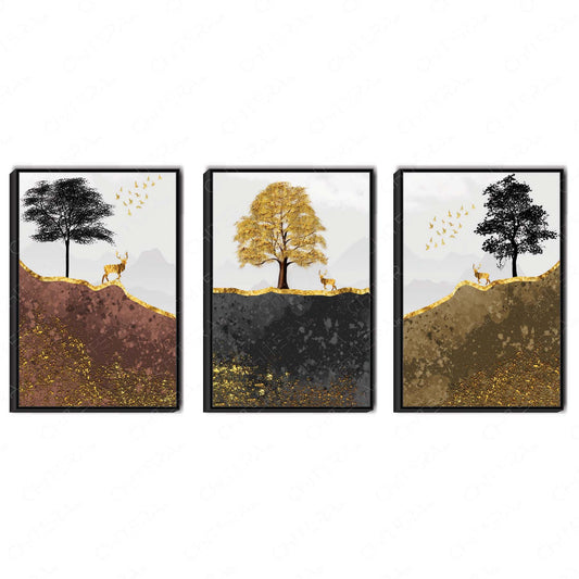 Golden Deer Under Seasonal Trees Trio Canvas Wall Art