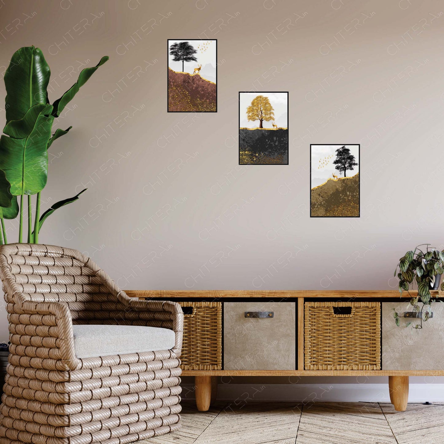 Golden Deer Under Seasonal Trees Trio Canvas Wall Art