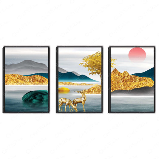 Golden Landscape with Deer & Rising Sun Trio Canvas Wall Art
