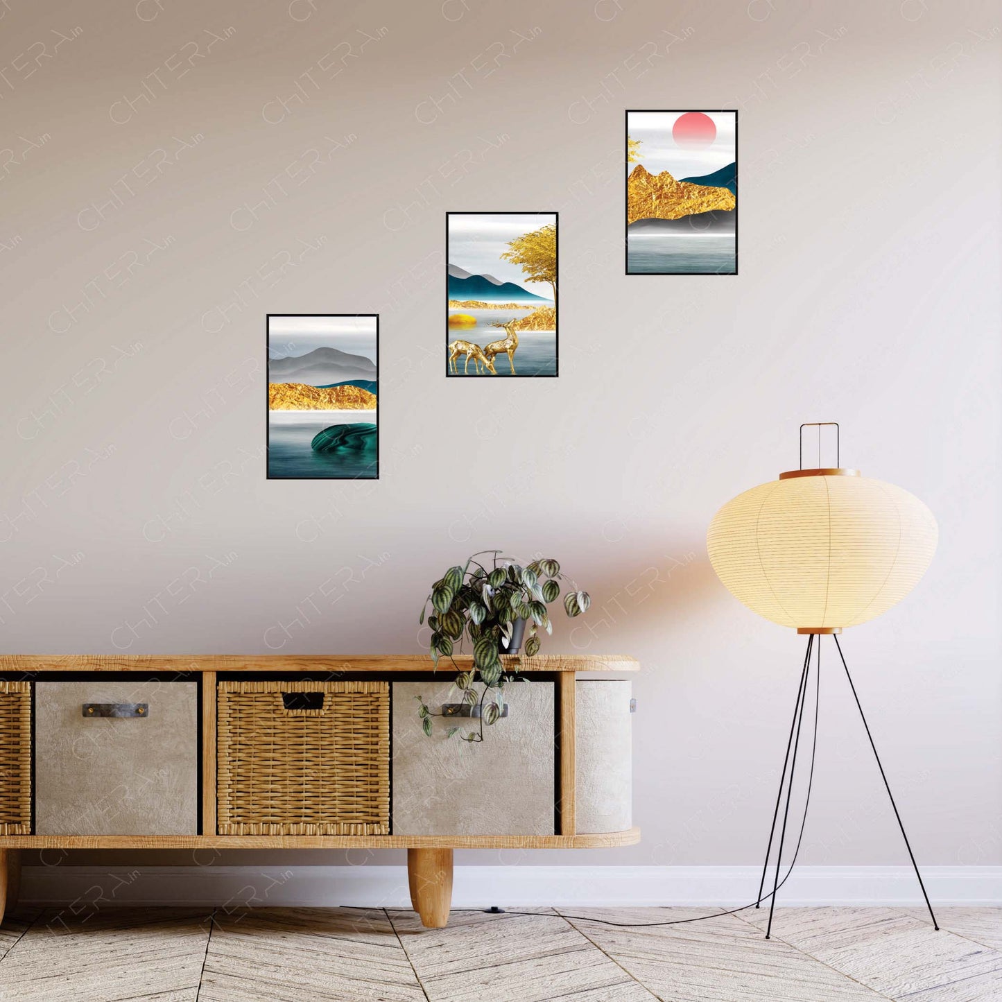 Golden Landscape with Deer & Rising Sun Trio Canvas Wall Art