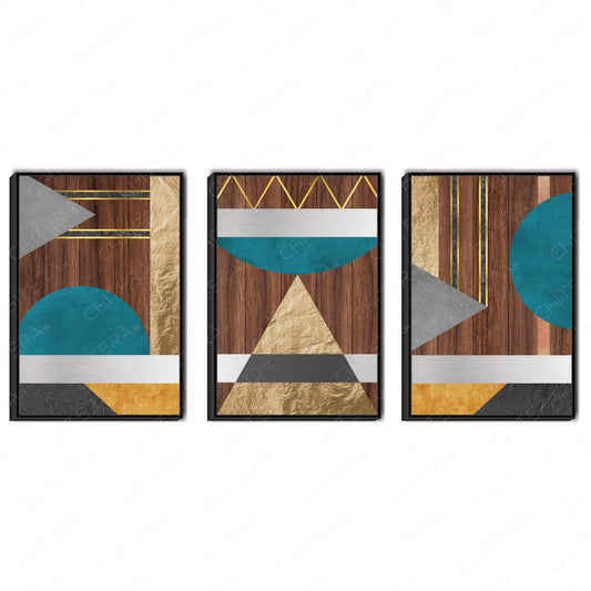 Teal & Gold Geometric Pattern with Wood Style Trio Canvas Wall Art