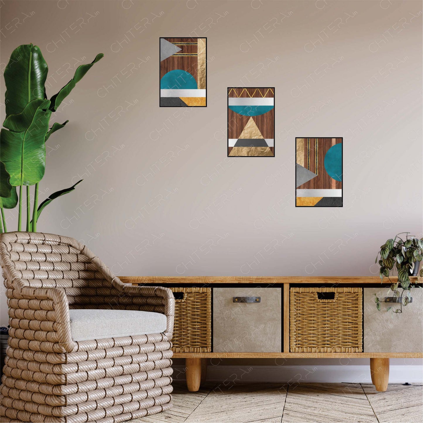 Teal & Gold Geometric Pattern with Wood Style Trio Canvas Wall Art
