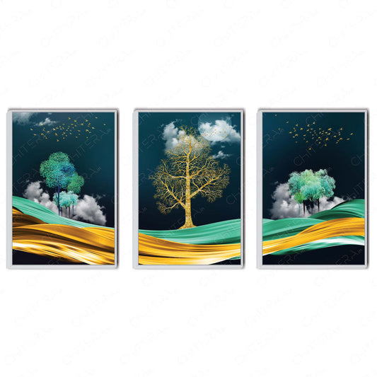 Golden Horizon with Trees & Birds Trio Canvas Wall Art