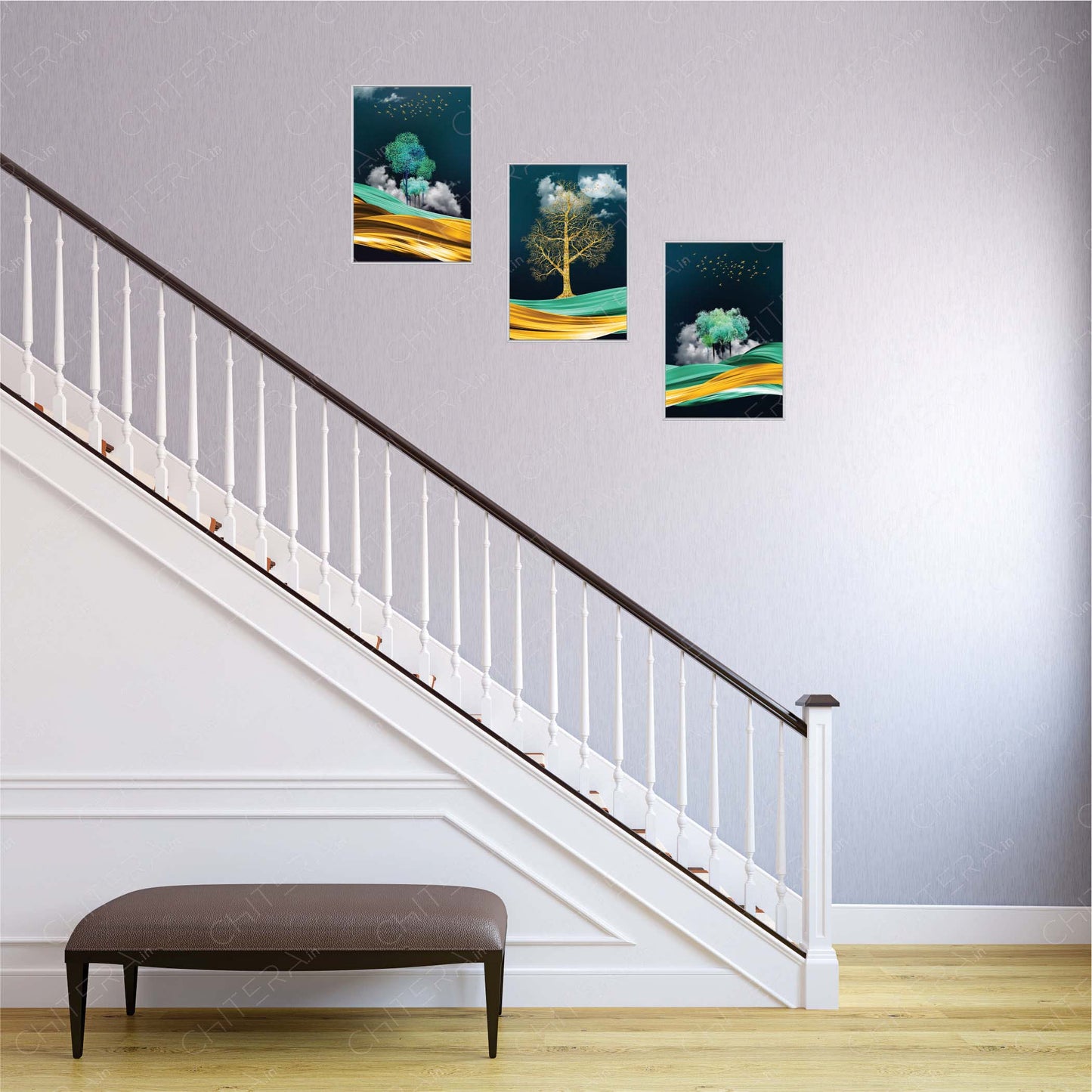 Golden Horizon with Trees & Birds Trio Canvas Wall Art
