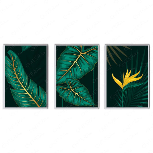 Exotic Green Leaves & Yellow Bloom Trio Canvas Wall Art