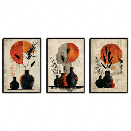 Modern Abstract Faces with Vases Trio Canvas Wall Art