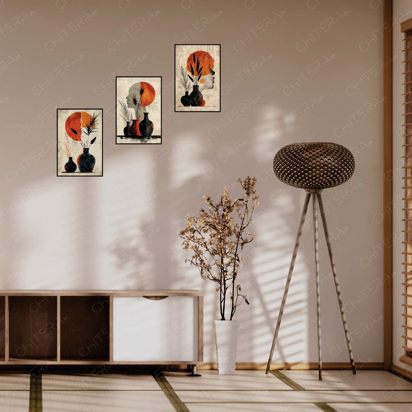 Modern Abstract Faces with Vases Trio Canvas Wall Art
