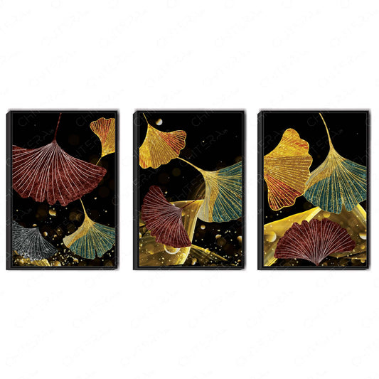 Golden Ginkgo Leaf Abstract Trio Canvas Wall Art