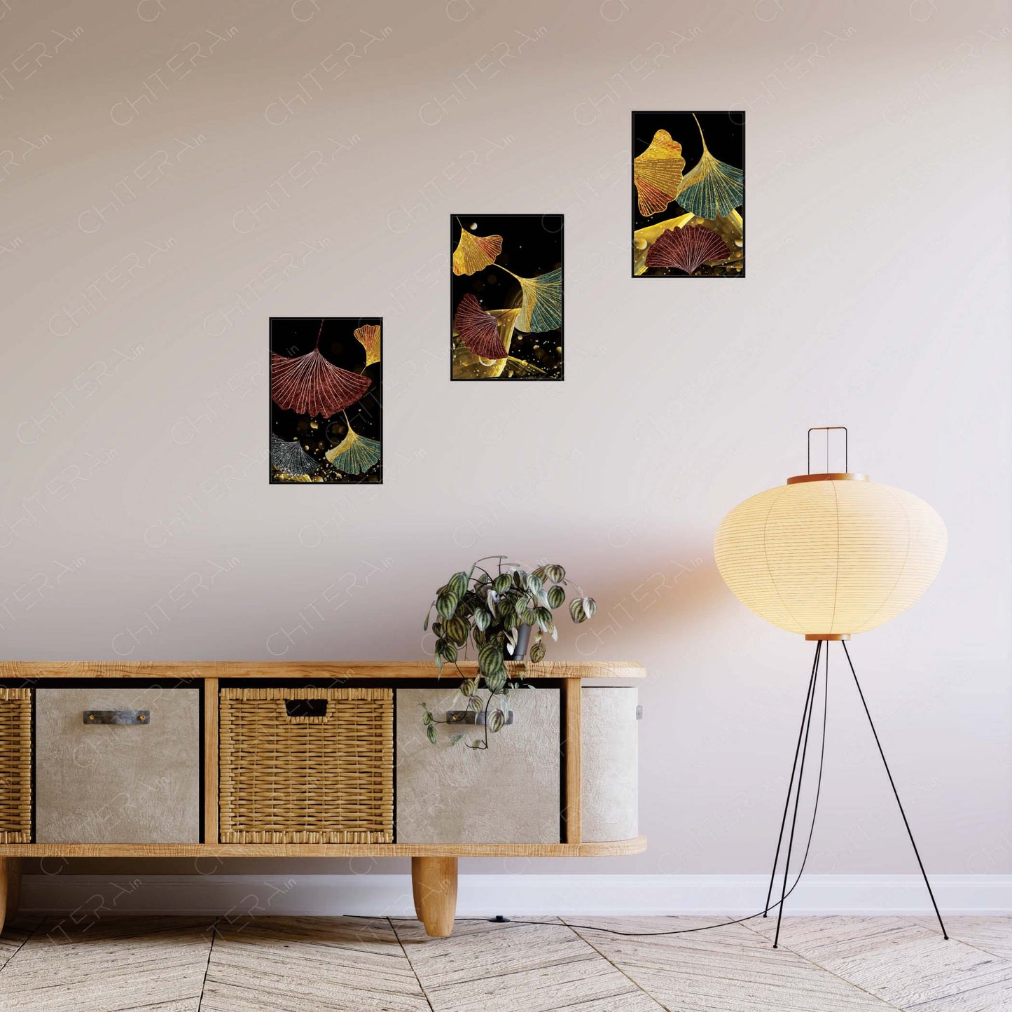 Golden Ginkgo Leaf Abstract Trio Canvas Wall Art