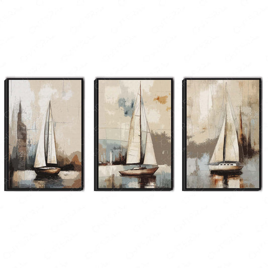 Elegant Nautical Theme Boat Trio Canvas Wall Art