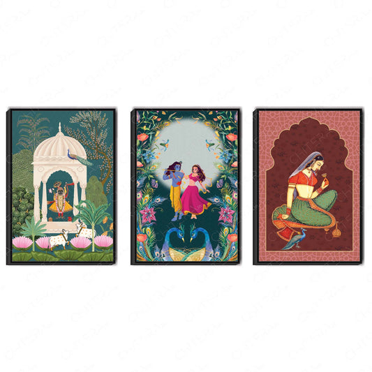 Rajasthani Heritage Inspired Trio Canvas Wall Art