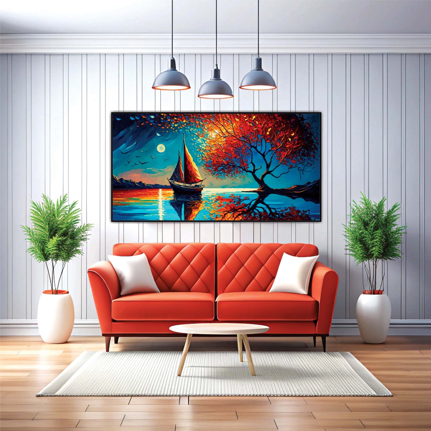 Crimson Sails and Moonlit Dreams Canvas Wall Art