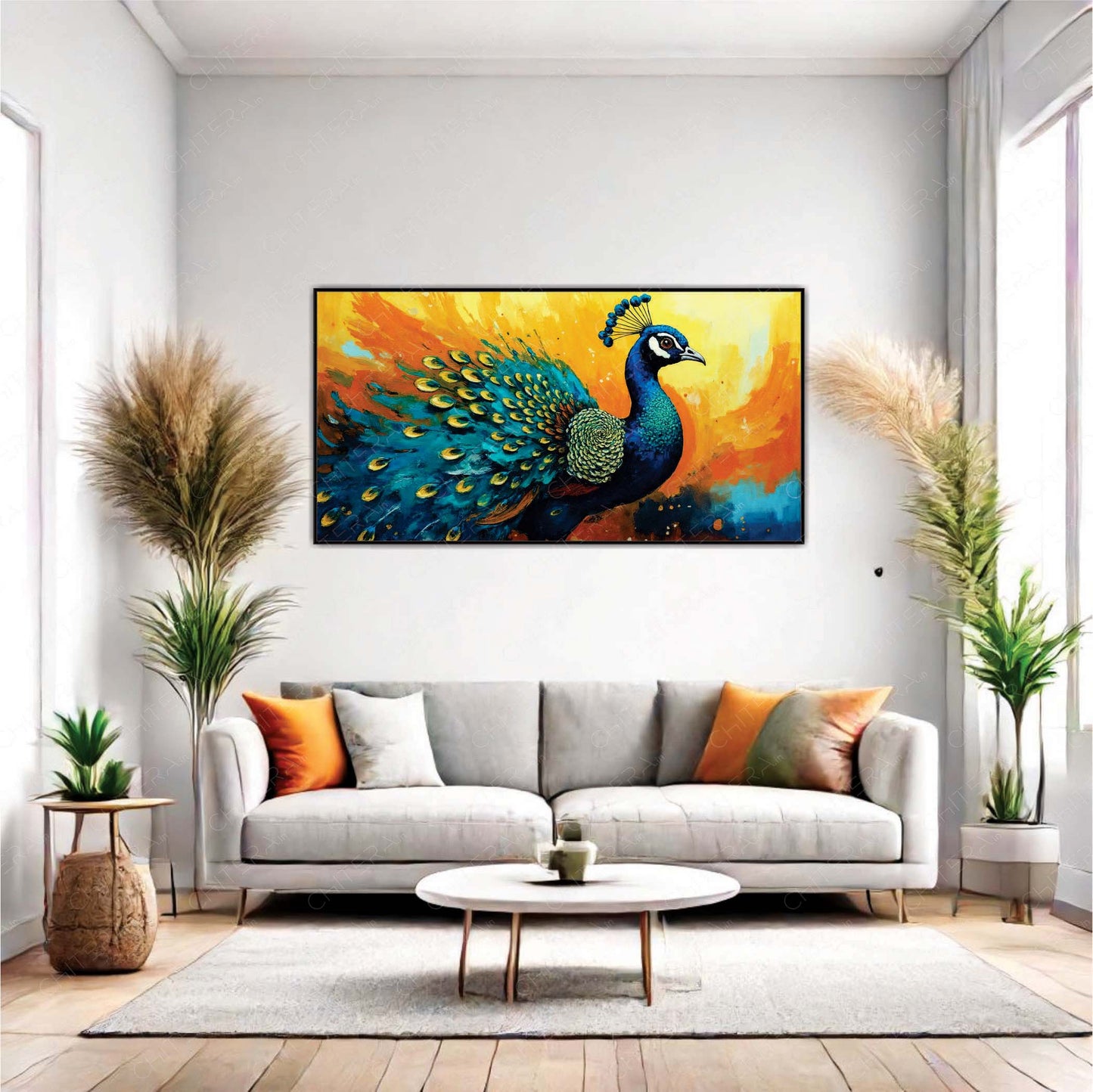 Peacock Glory in Radiant Sunset Tones Canvas Wall Art