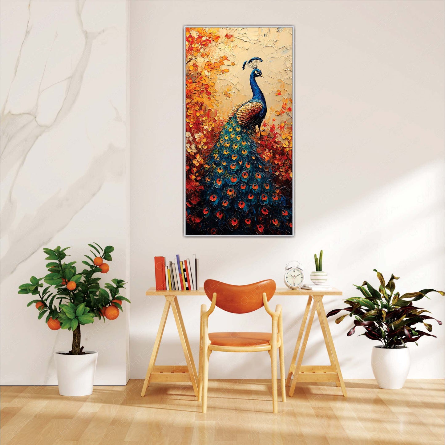 Majestic Peacock Amidst Autumn Leaves Canvas Wall Art