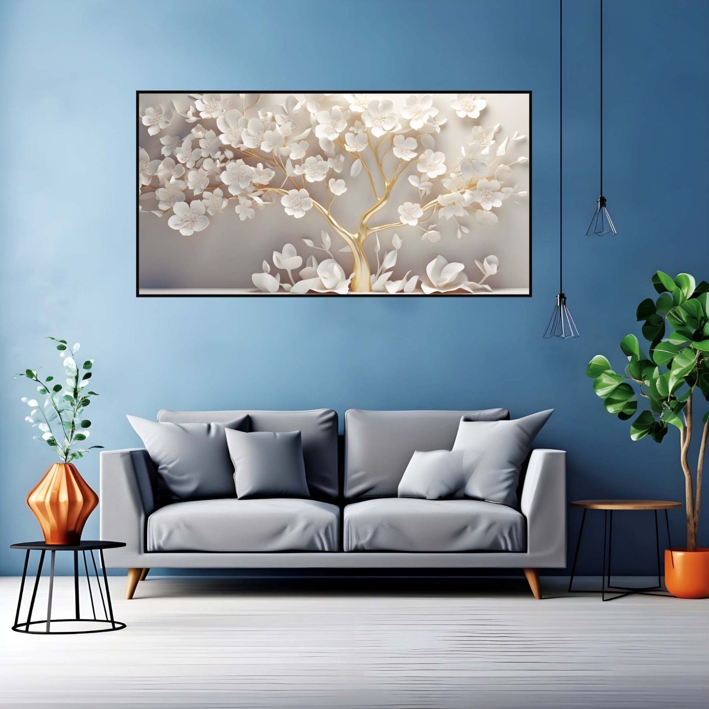 Golden Tree with White Blossoms Canvas Wall Art