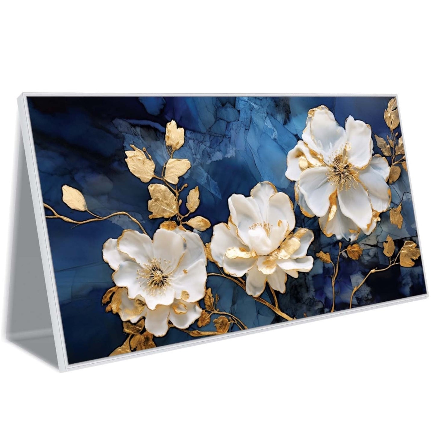 Navy Blue and Gold Flowers Canvas Wall Art