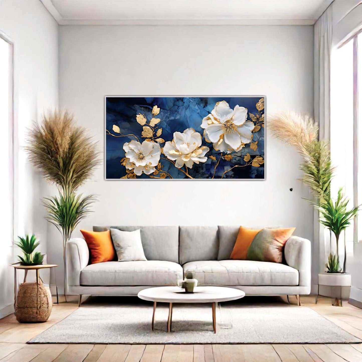 Navy Blue and Gold Flowers Canvas Wall Art