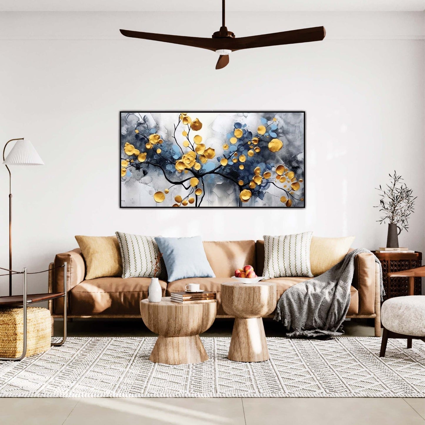 Abstract Teal and Gold Flowers Canvas Wall Art