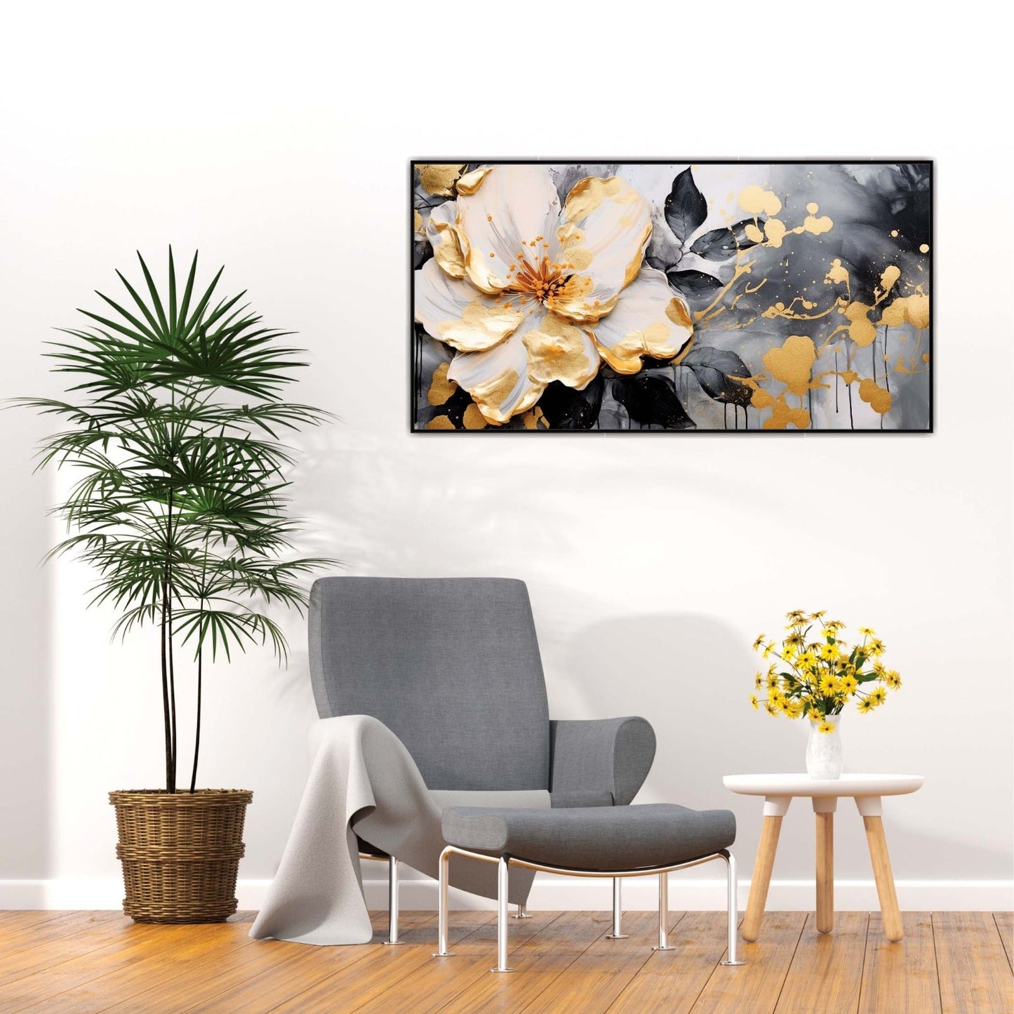 Gold and White Floral Splash Canvas Wall Art