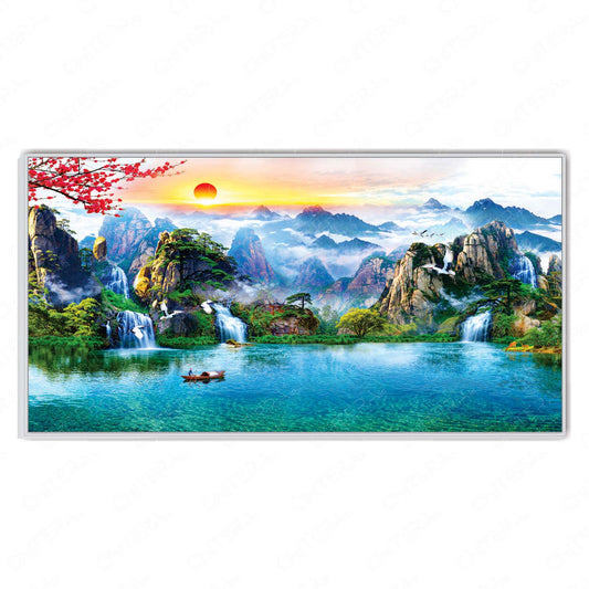 Sunrise Over Misty Mountains and Lake Canvas Wall Art