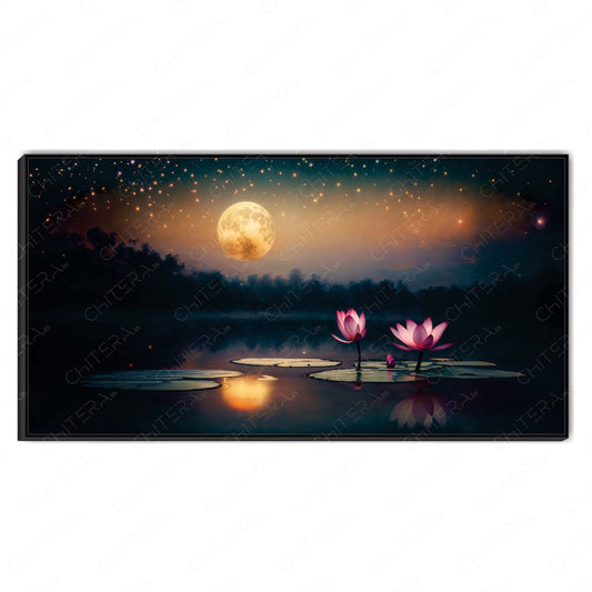 Mystical Lotus Flowers Under the Moonlight Canvas Wall Art