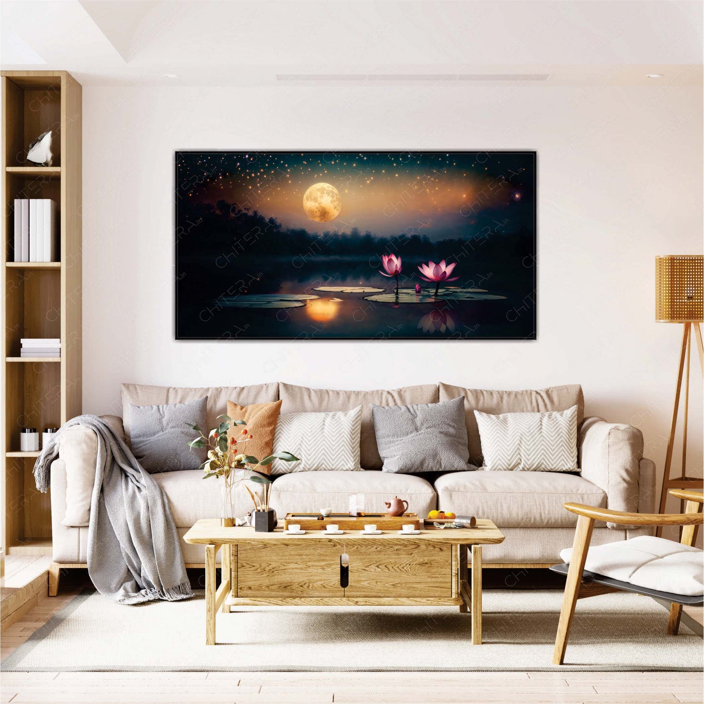 Mystical Lotus Flowers Under the Moonlight Canvas Wall Art