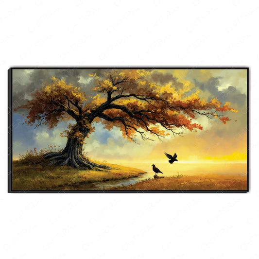 Autumn Tree with Flying Birds Scenic Canvas Wall Art
