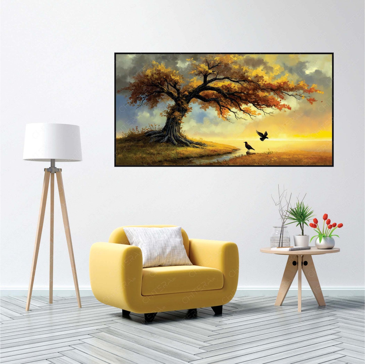 Autumn Tree with Flying Birds Scenic Canvas Wall Art
