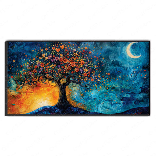 Floral Tree Under Moonlit Sky Abstract Canvas Wall Art