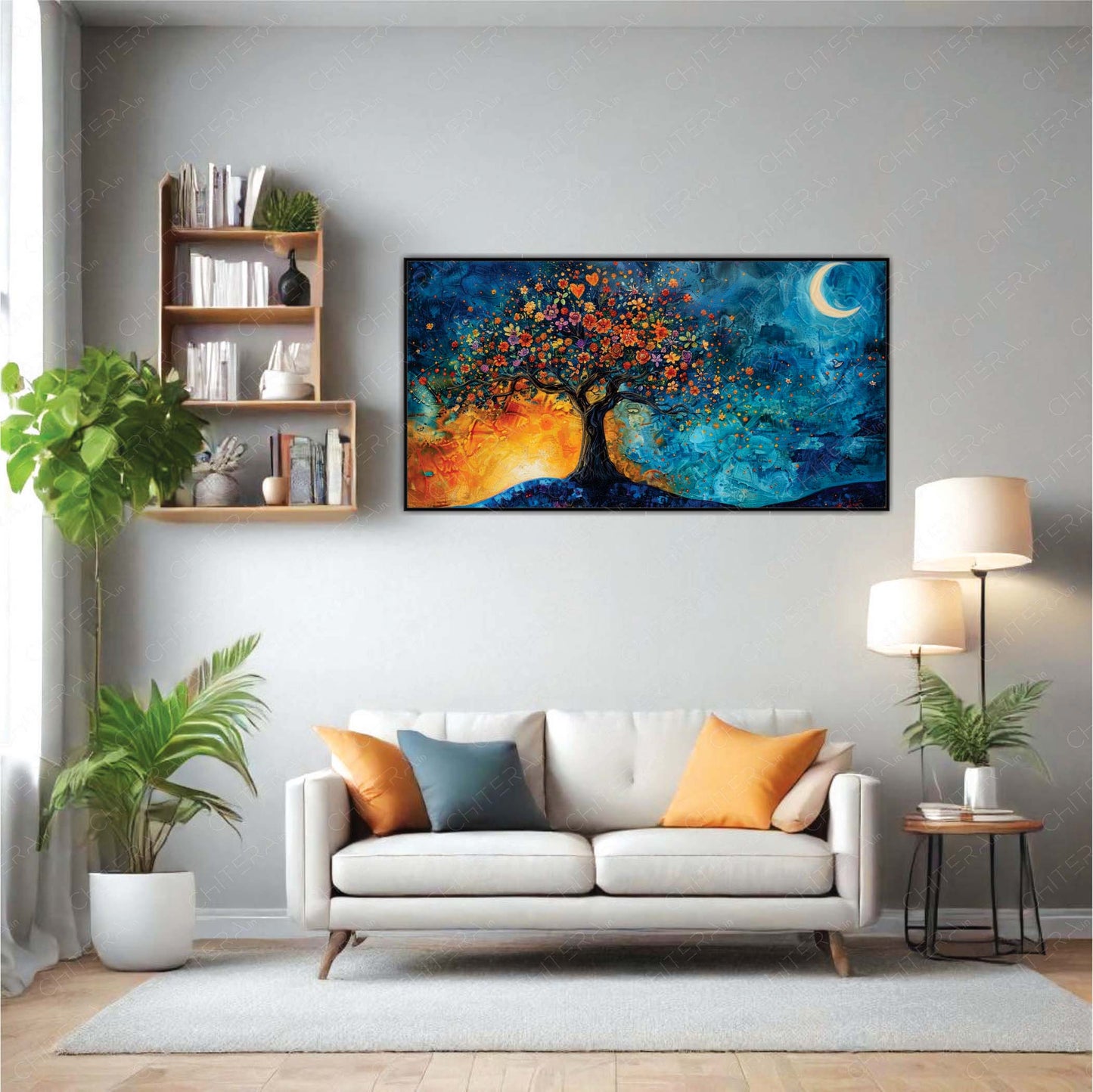Floral Tree Under Moonlit Sky Abstract Canvas Wall Art