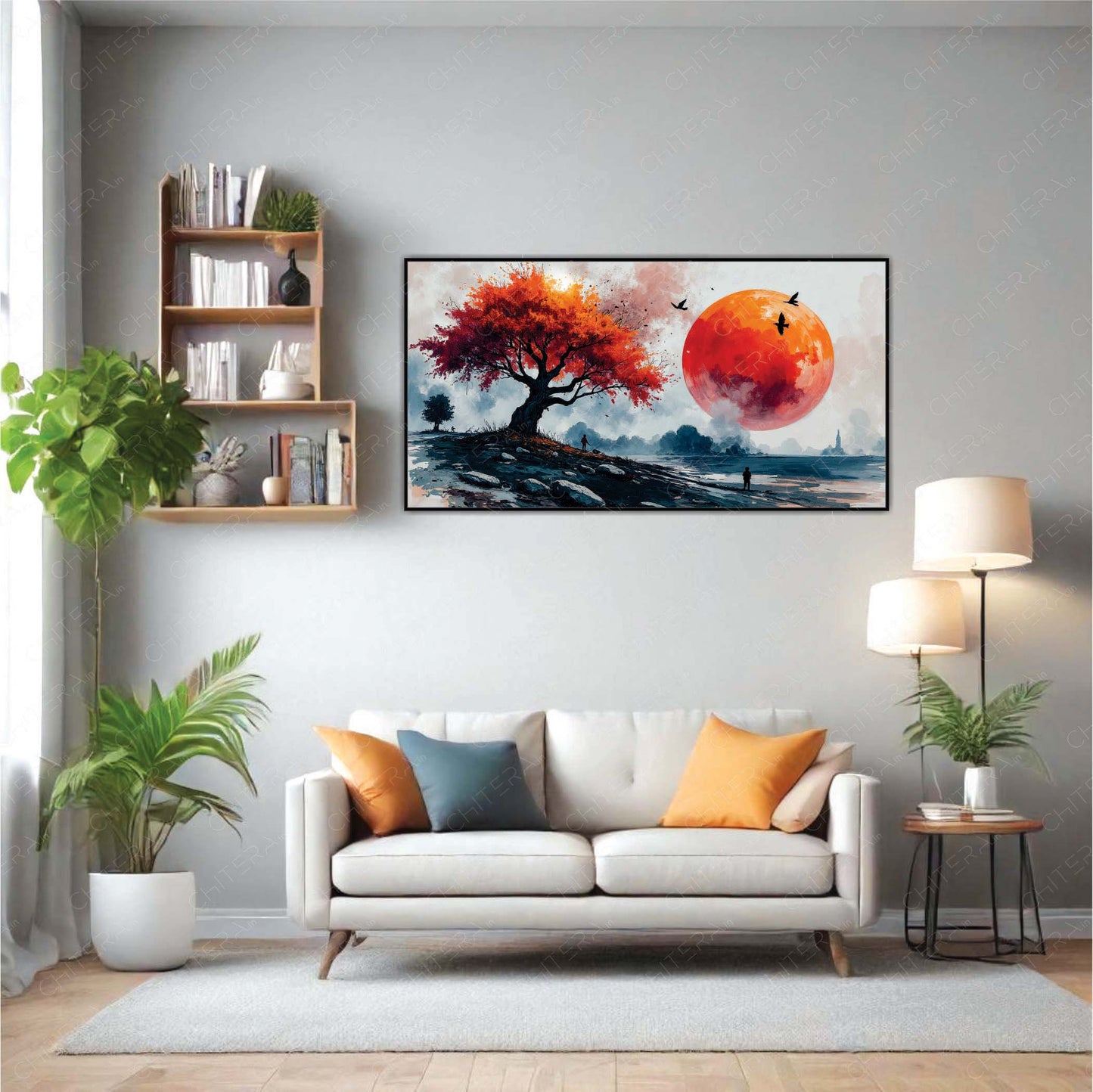 Abstract Autumn Tree and Red Moon Canvas Wall Art