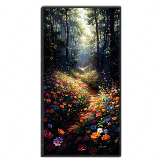 Enchanting Flower Pathway in Sunlit Forest Canvas Wall Art