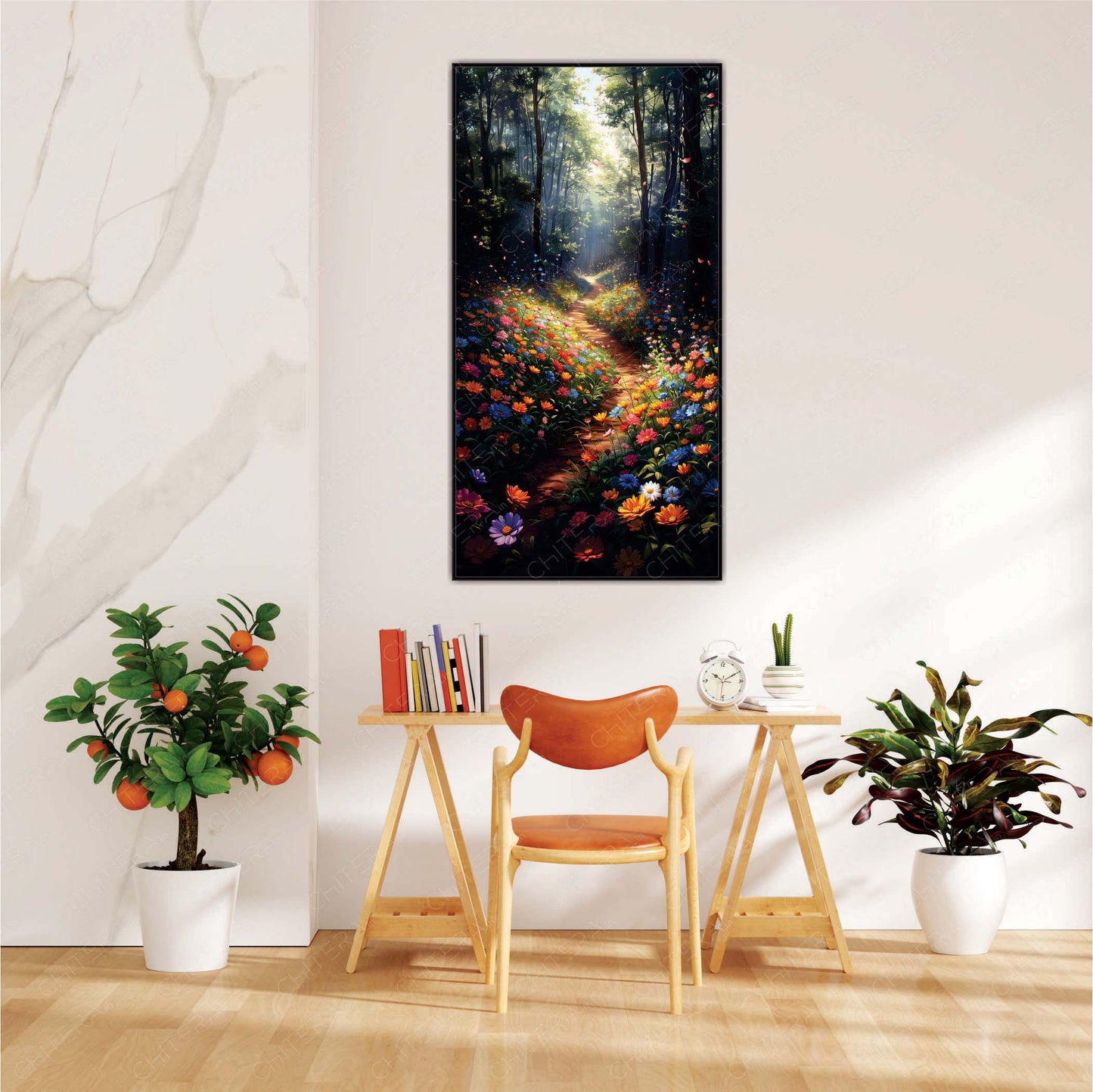 Enchanting Flower Pathway in Sunlit Forest Canvas Wall Art