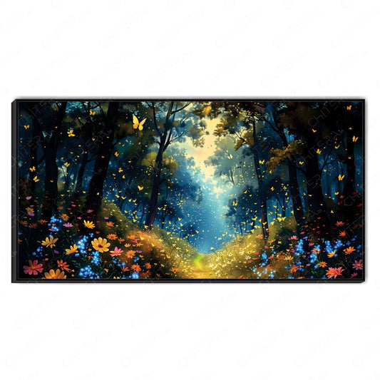 Mystical Night Forest Filled with Butterflies Canvas Wall Art
