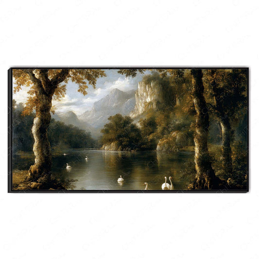 Majestic Mountain Valley with Trees and Lake Swans Canvas Wall Art