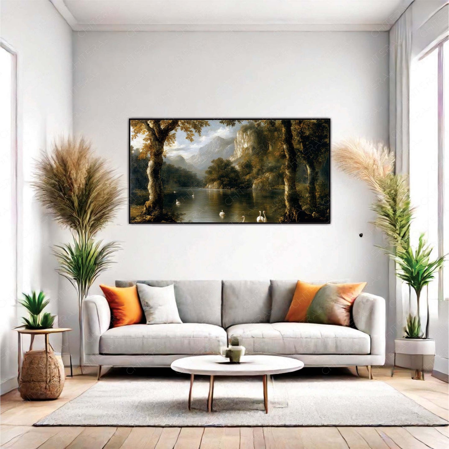 Majestic Mountain Valley with Trees and Lake Swans Canvas Wall Art