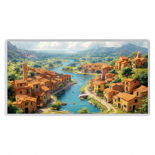 Charming Riverside Village with Rustic Houses Canvas Wall Art