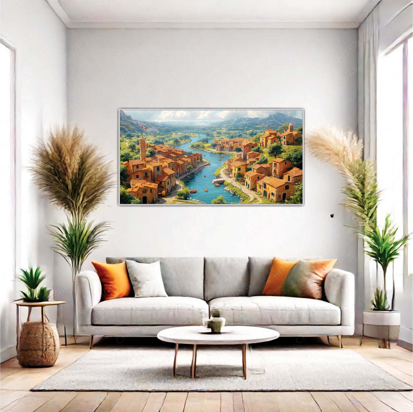 Charming Riverside Village with Rustic Houses Canvas Wall Art