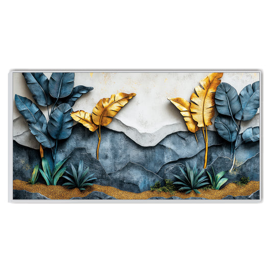 Luxury Blue & Gold Banana Leaf Canvas Wall Art.