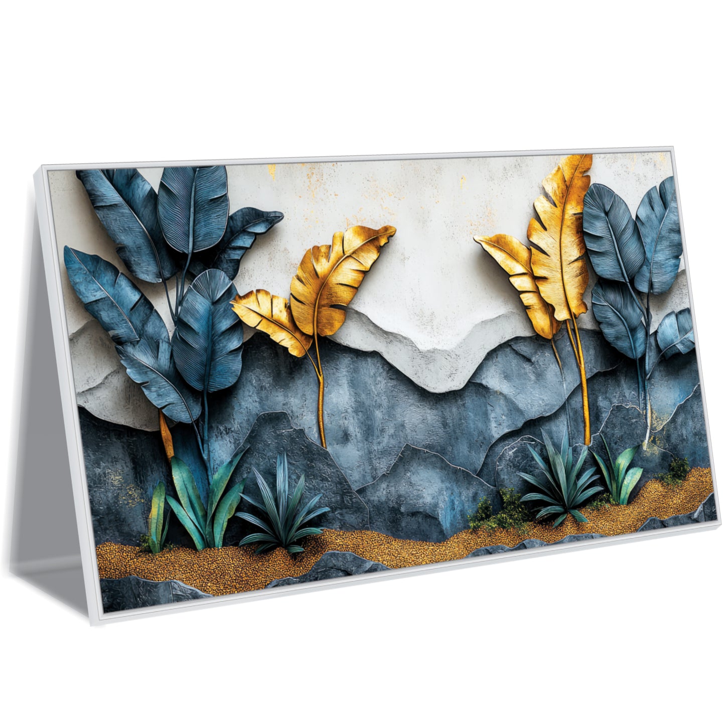Luxury Blue & Gold Banana Leaf Canvas Wall Art.
